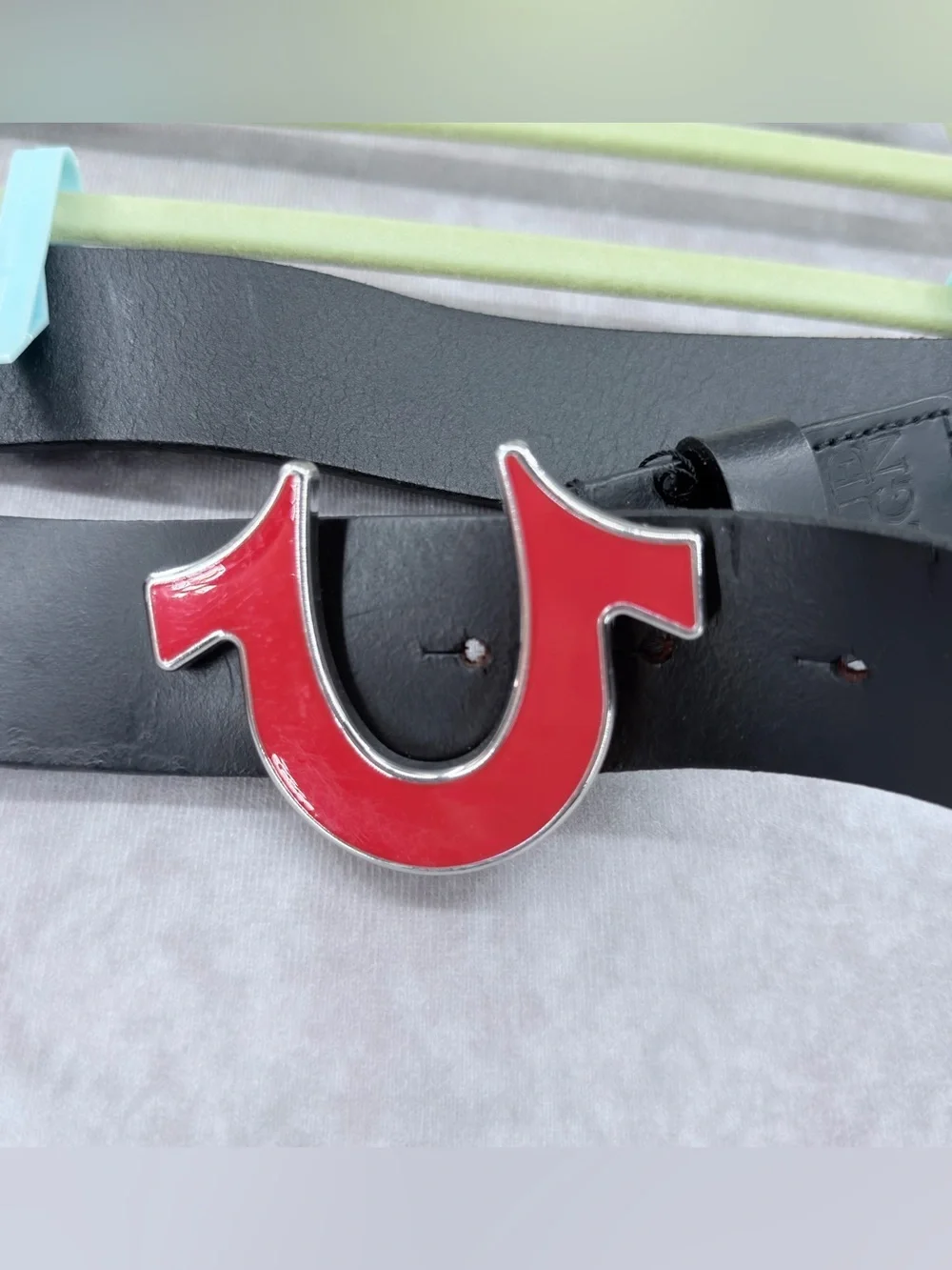 True Religion Black Leather Belt with Red Horseshoe Buckle
